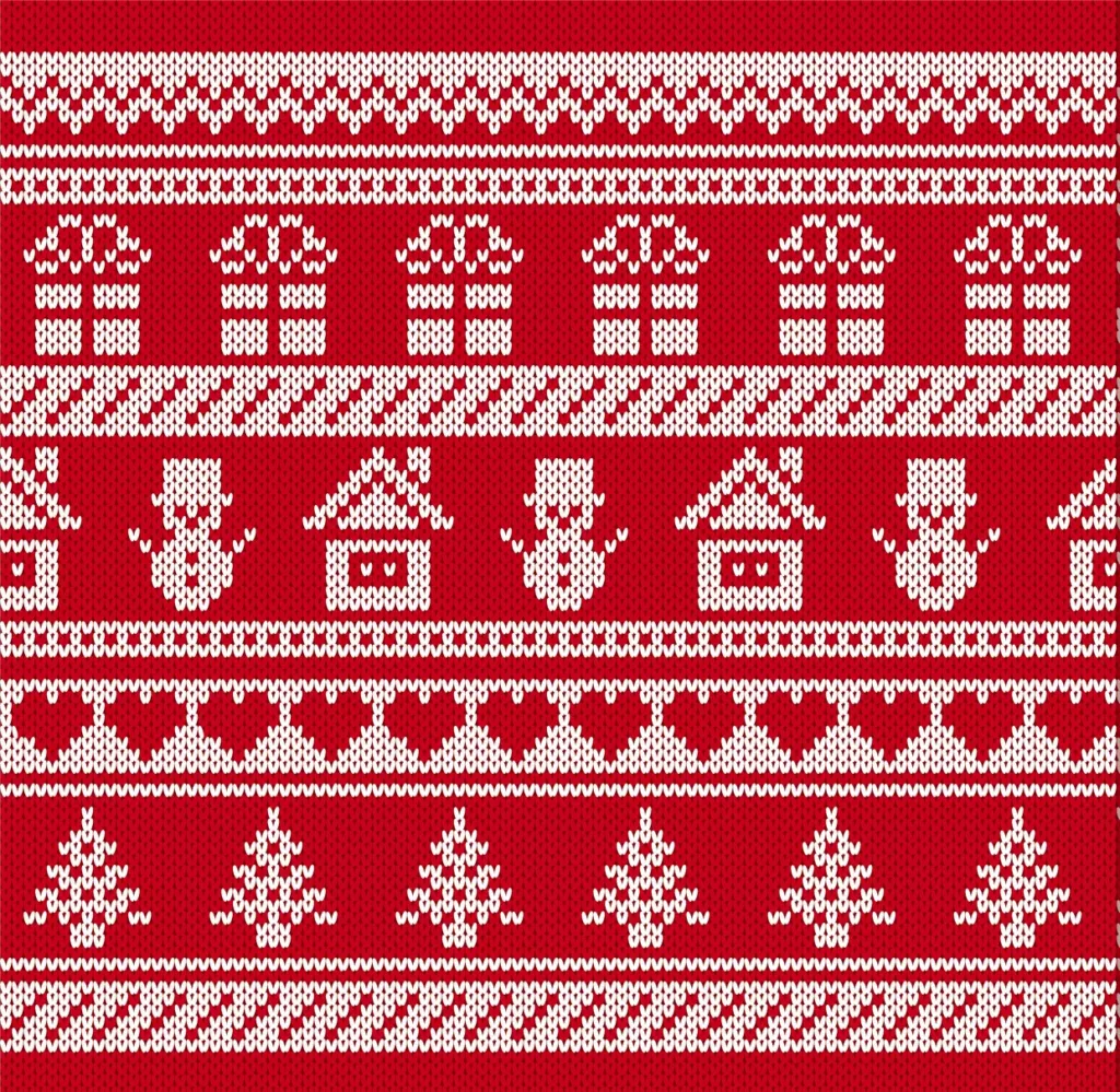 A festive Christmas pattern with snowmen and houses on a red background perfect for the holiday season.
