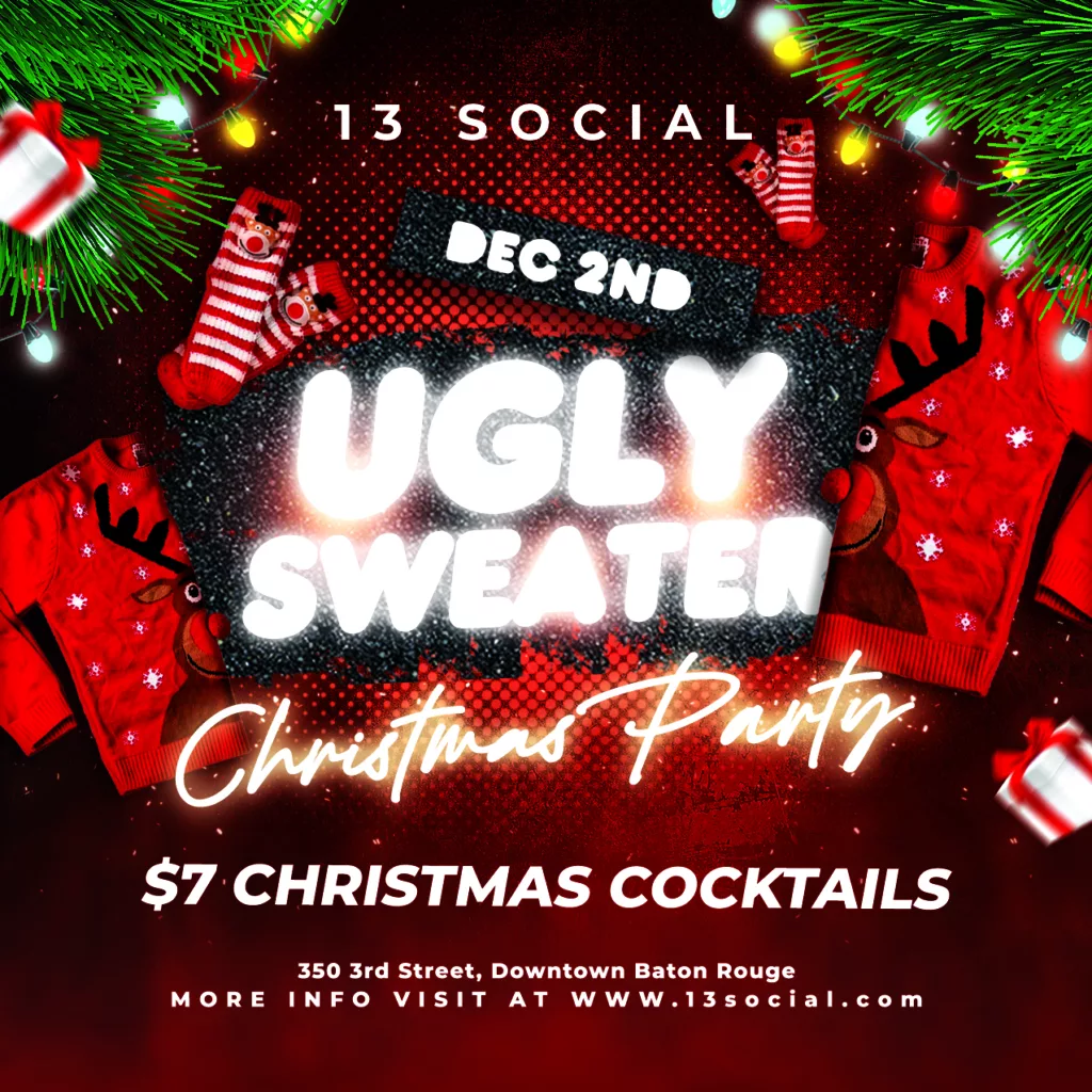 Christmas party flyer featuring an ugly sweater theme, with a cocktail or martini bar.