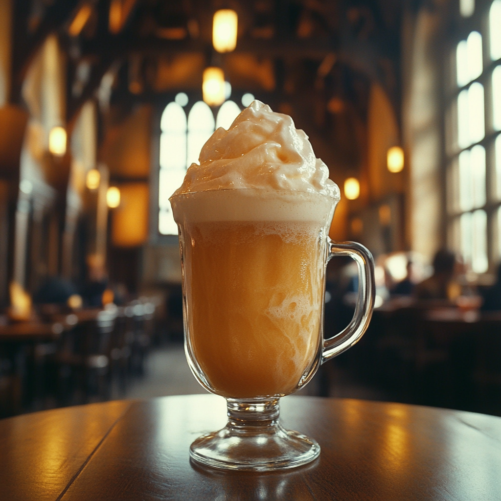 A glass mug filled with a creamy, frothy beverage sits on a wooden table in a warmly lit, rustic setting with arched windows and hanging lights.