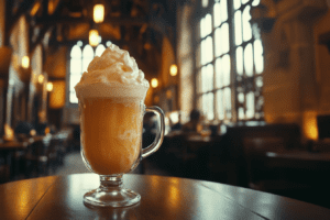 A glass mug filled with a frothy, creamy beverage sits on a wooden table inside a dimly lit, rustic café with large arched windows.