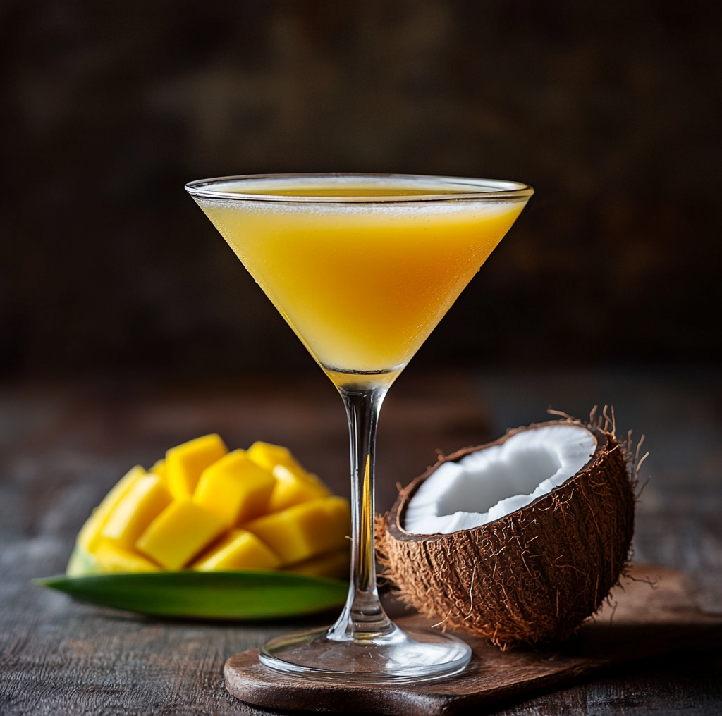 A martini glass filled with a yellow-orange drink. In the background, there are sliced mango pieces on a leaf and a cracked coconut on a wooden surface.